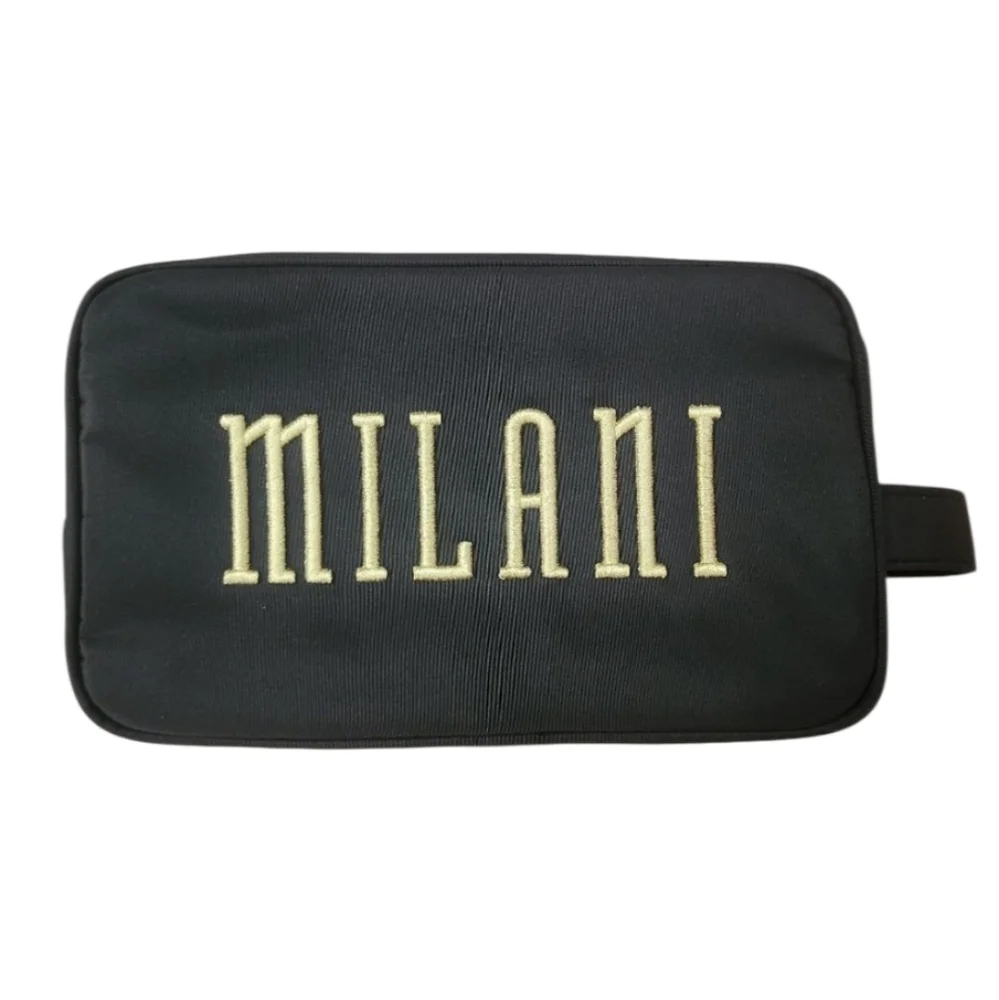 Milani makeup bag travel pouch black nylon gold embroidered